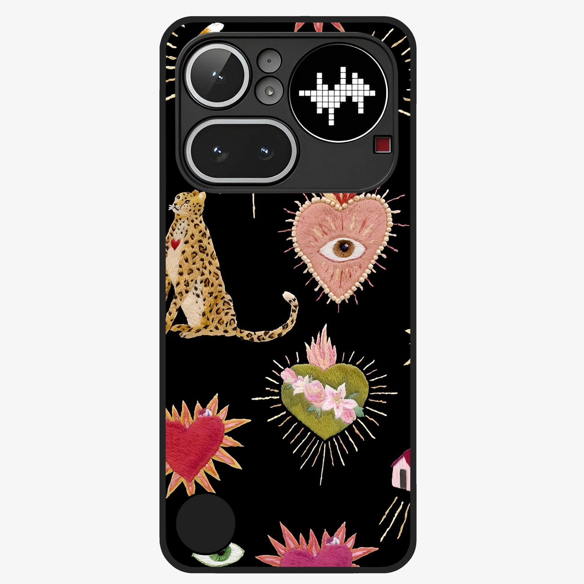 Sacred Jungle Heart Glass Case showing flat back view with jungle inspired heart artwork and glossy glass finish.