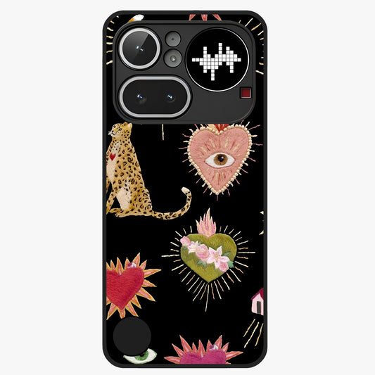 Sacred Jungle Heart Glass Case showing flat back view with jungle inspired heart artwork and glossy glass finish.