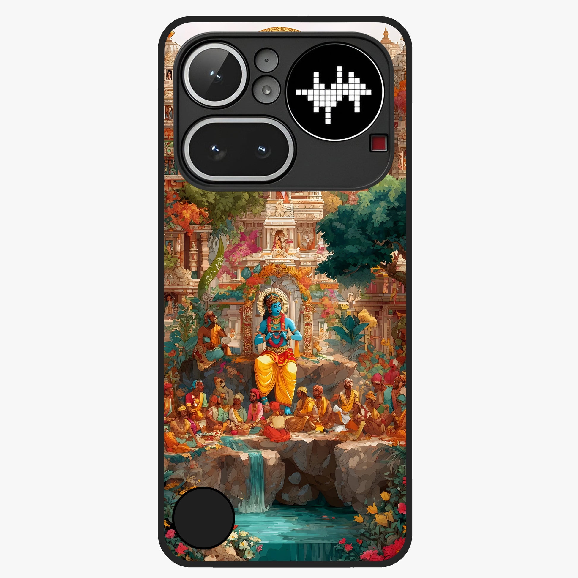 Sacred Sunlight Gods Glass Case showing flat back view with divine sunlight themed artwork and glossy glass finish.