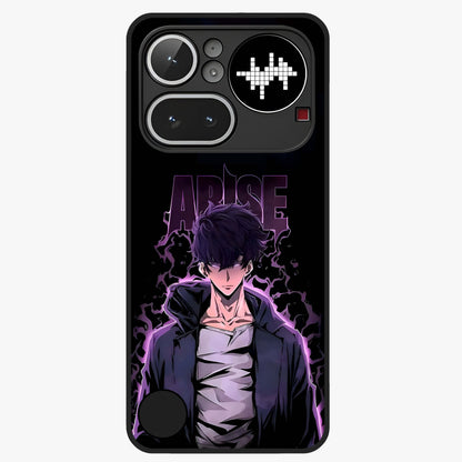 Shadow Monarch Awakening Glass Case showing flat back view with powerful dark monarch themed artwork and glossy glass finish.