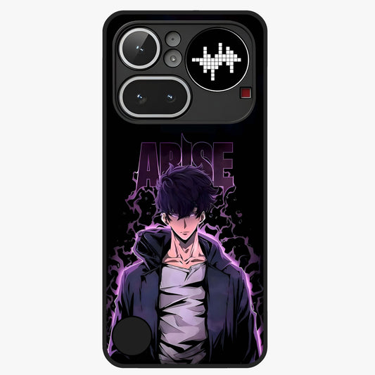 Shadow Monarch Awakening Glass Case showing flat back view with powerful dark monarch themed artwork and glossy glass finish.