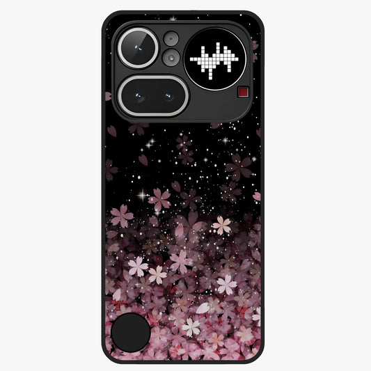 Small Starry Flowers Glass Case showing flat back view with delicate starry floral artwork and glossy glass finish.