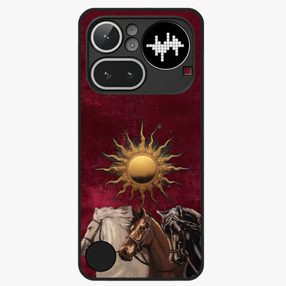 Solar Riders Glass Case showing flat back view with dynamic rider themed artwork and glossy glass finish.