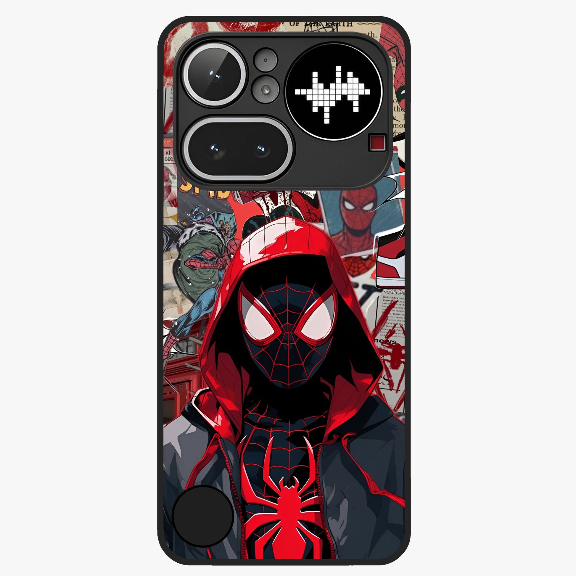 Spider Collage Street Glass Case showing flat back view with vibrant superhero collage artwork and glossy glass finish.