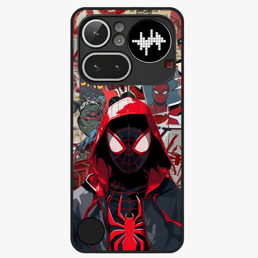 Spider Collage Street Glass Case showing flat back view with vibrant superhero collage artwork and glossy glass finish.