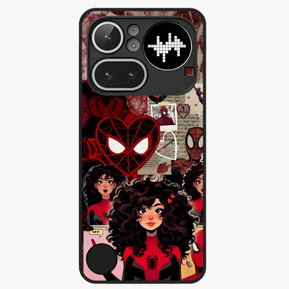 Spider Love Story Glass Case showing flat back view with romantic superhero themed artwork and glossy glass finish.