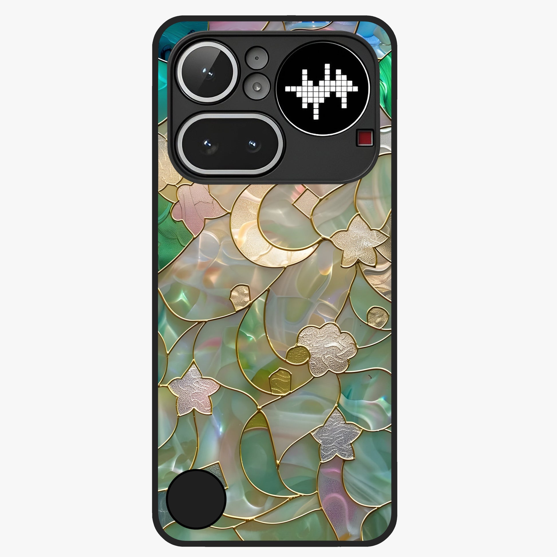 Stained Sunrise Glow Glass Case showing flat back view with glowing sunrise stained pattern artwork and glossy glass finish.