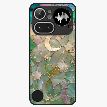 Stained Sunrise Glow Glass Case showing flat back view with glowing sunrise stained pattern artwork and glossy glass finish.