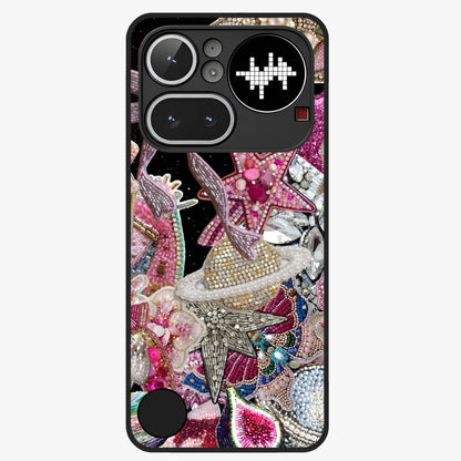 Starlit Jewel Dream Glass Case showing flat back view with sparkling jewel and star themed artwork and glossy glass finish.