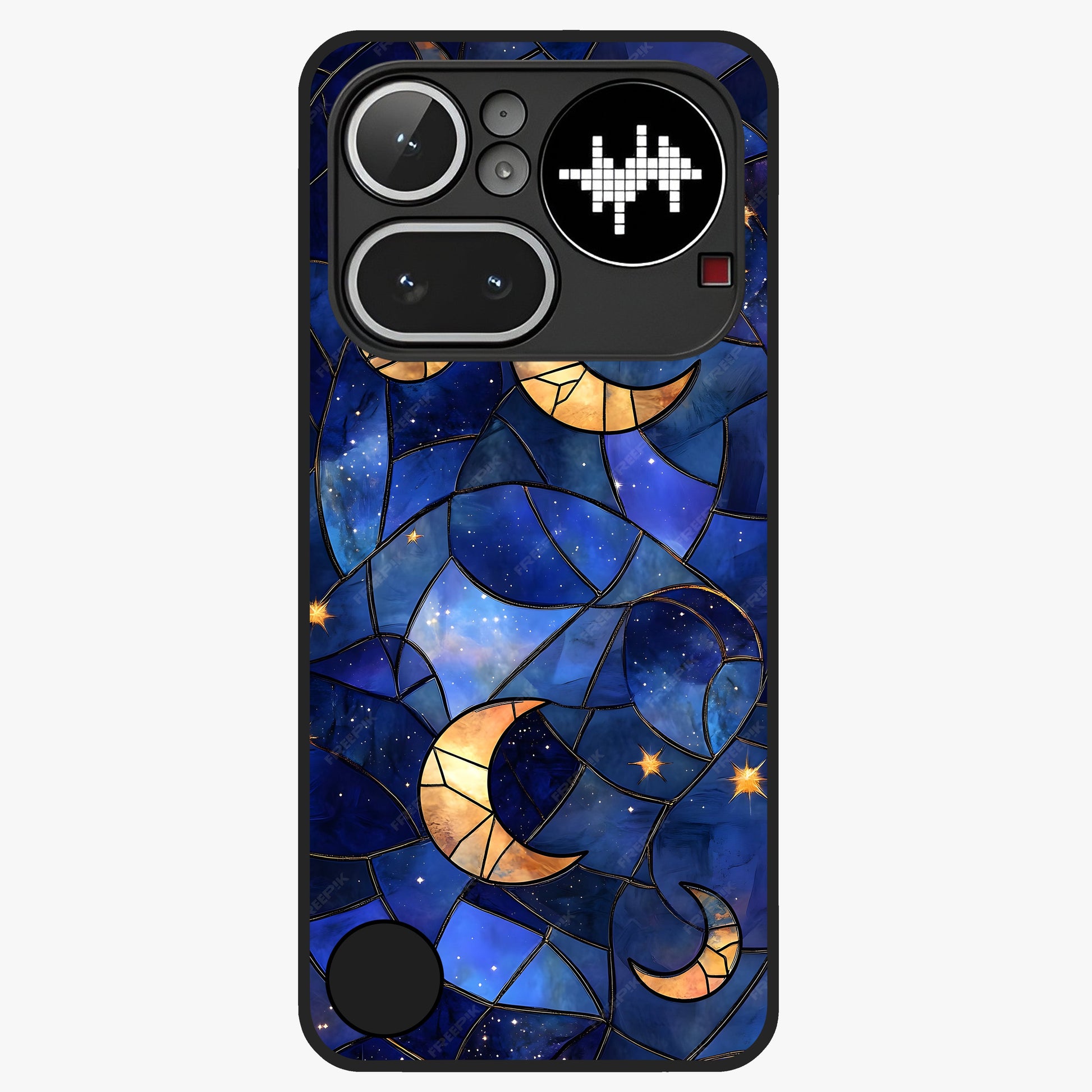 Starlit Sky Tapestry Glass Case showing flat back view with decorative starry sky tapestry artwork and glossy glass finish.