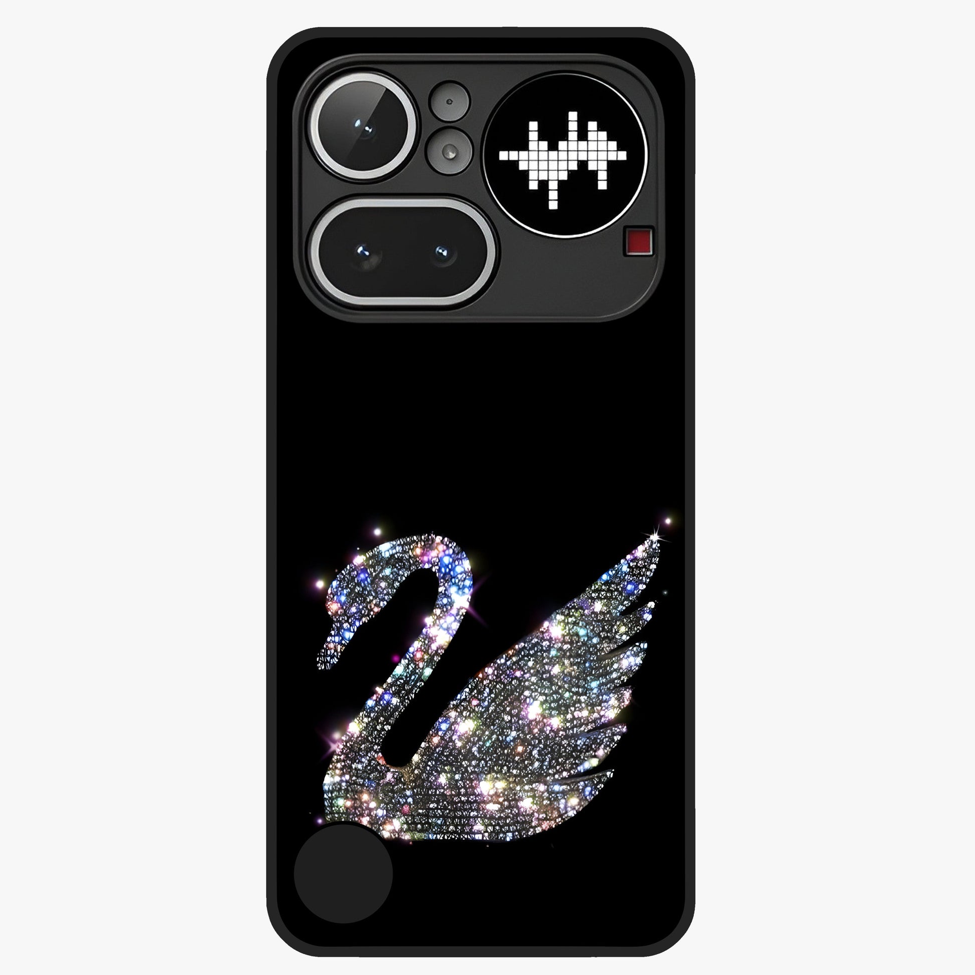Starlit Swan Grace Glass Case showing flat back view with graceful swan artwork under starry sky and glossy glass finish.