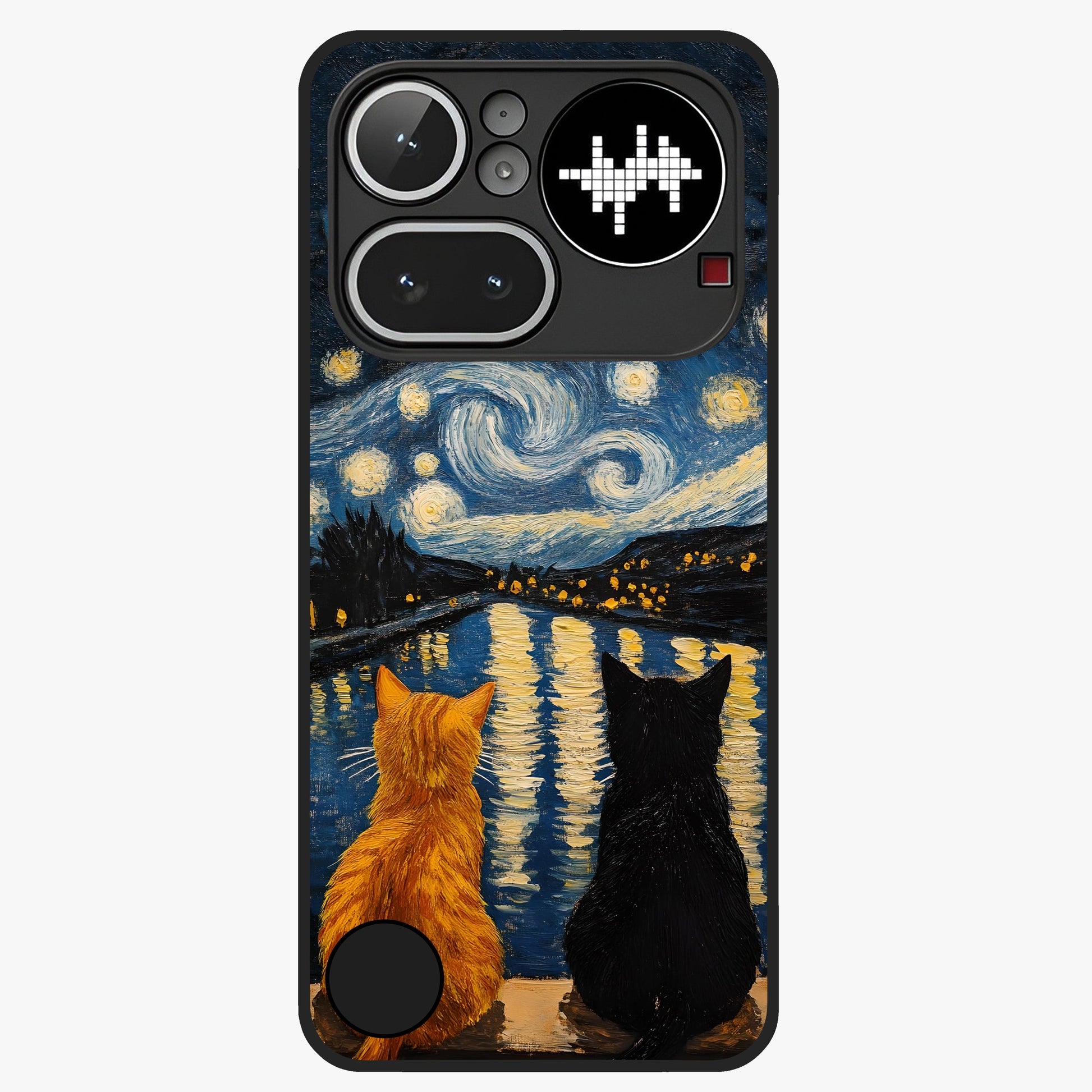 Starry River Cats Glass Case showing flat back view with cats by a starry river artwork and glossy glass finish.