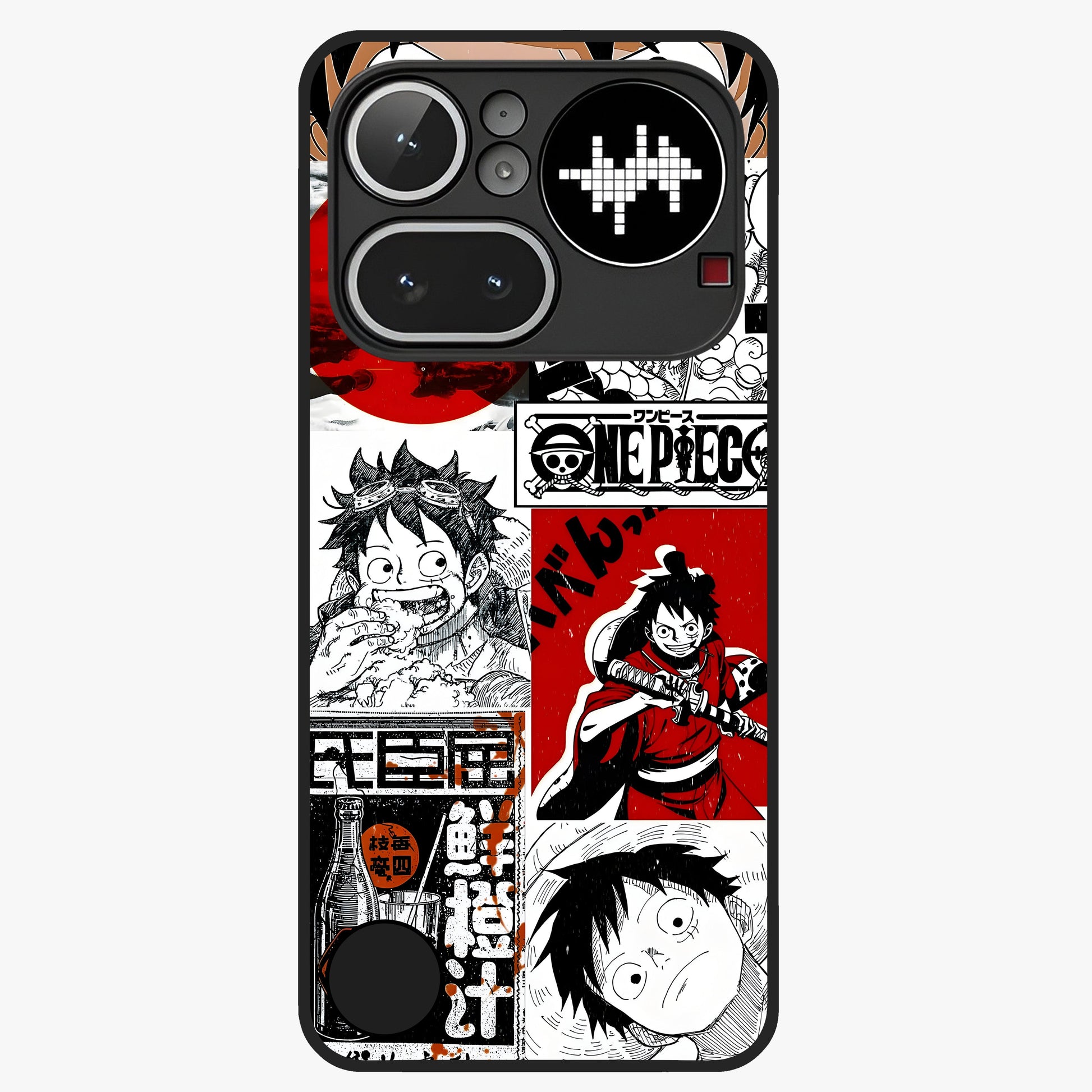 Strawhat Chaos Panels Glass Case showing flat back view with anime inspired chaos panel artwork and glossy glass finish.