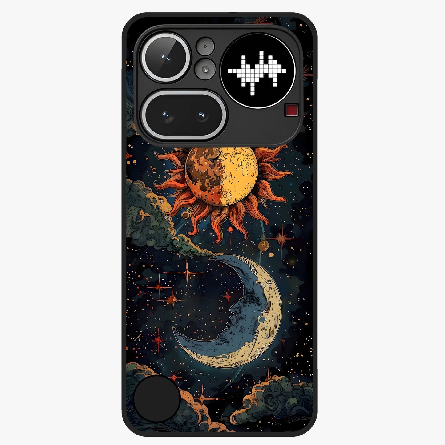 Sun And Moon Magic Design Glass Case showing flat back view with mystical sun and moon artwork and glossy glass finish.