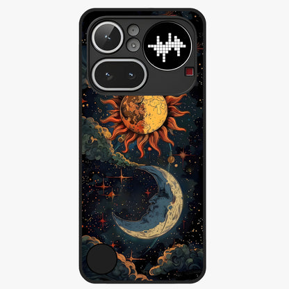 Sun And Moon Magic Design Glass Case showing flat back view with mystical sun and moon artwork and glossy glass finish.