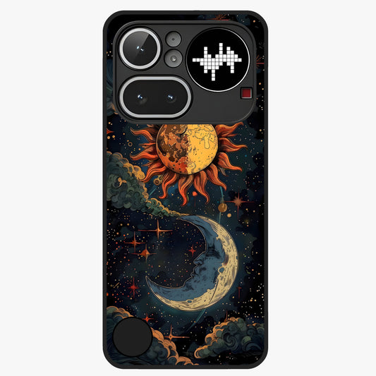 Sun And Moon Magic Design Glass Case showing flat back view with mystical sun and moon artwork and glossy glass finish.