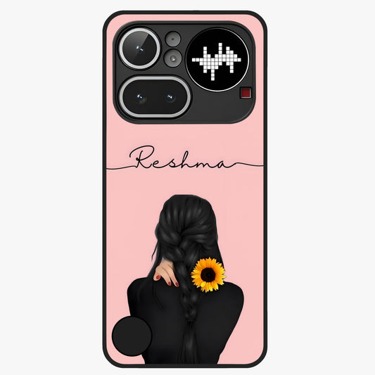 Sunflower Braid Beauty With Custom Name Glass Case showing flat back view with sunflower braid artwork and personalized name design.