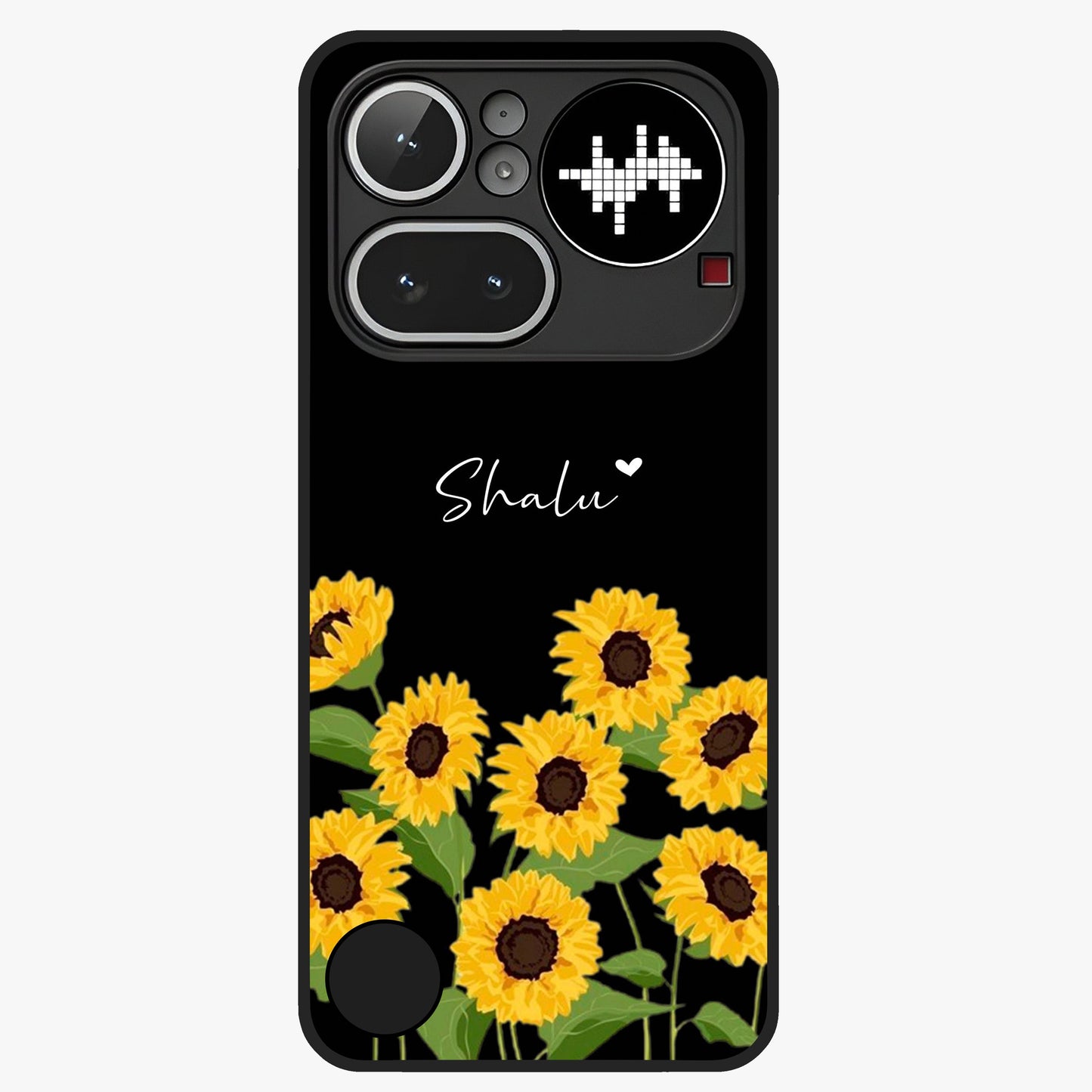 Sunflower Chic Mood Custom Name Glass Case showing flat back view with stylish sunflower artwork and personalized name design.