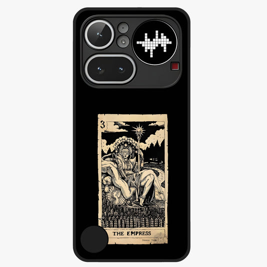 The Empress Glass Case showing flat back view with regal feminine artwork and glossy glass finish.
