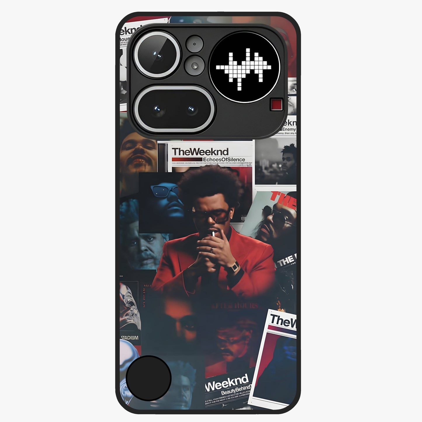 The Weeknd Glass Case showing flat back view with music inspired artistic portrait artwork and glossy glass finish.