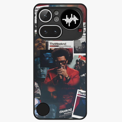 The Weeknd Glass Case showing flat back view with music inspired artistic portrait artwork and glossy glass finish.