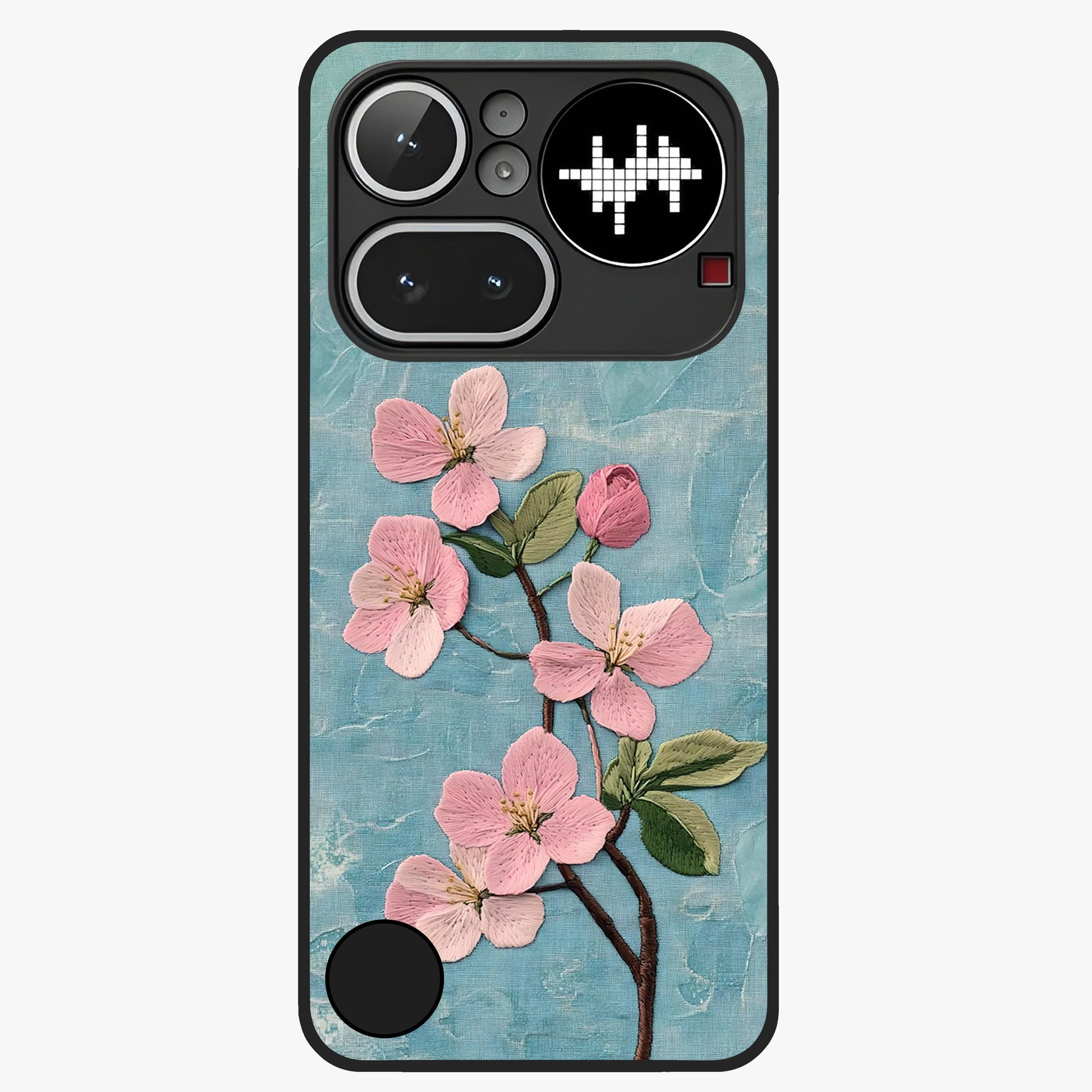 Threaded Blossom Breeze Glass Case showing flat back view with delicate blossom artwork and glossy glass finish.