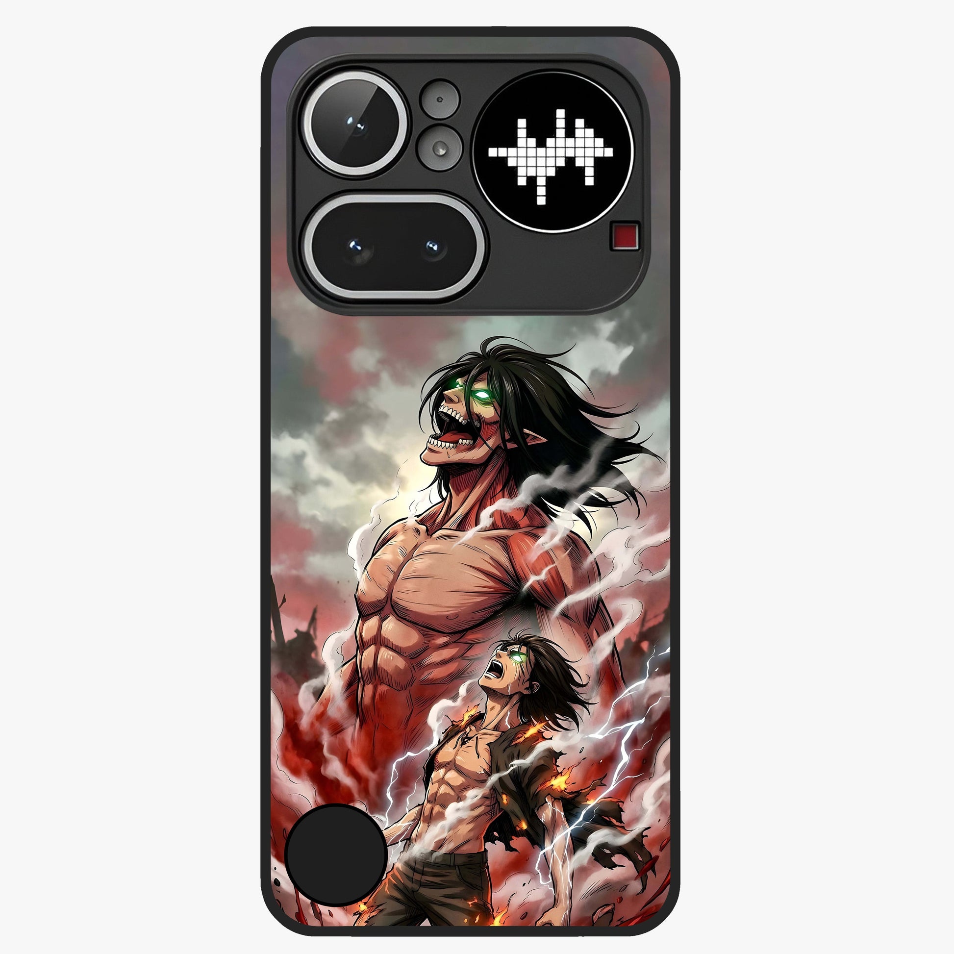 Titan Awakening Fury Glass Case showing flat back view with powerful titan inspired artwork and glossy glass finish.