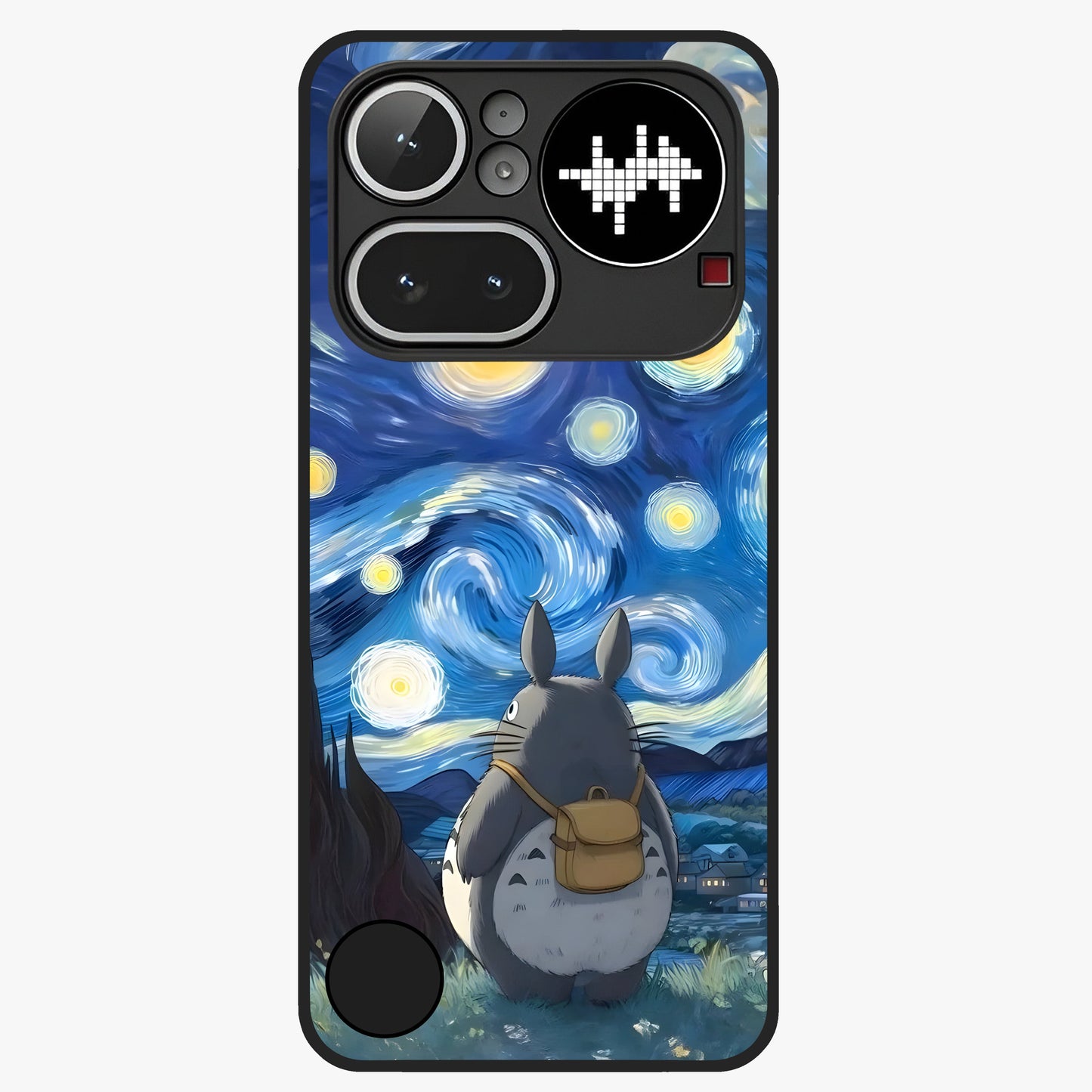 Totoro In Van Gogh Art Glass Case showing flat back view with whimsical character artwork inspired by Van Gogh style and glossy glass finish.