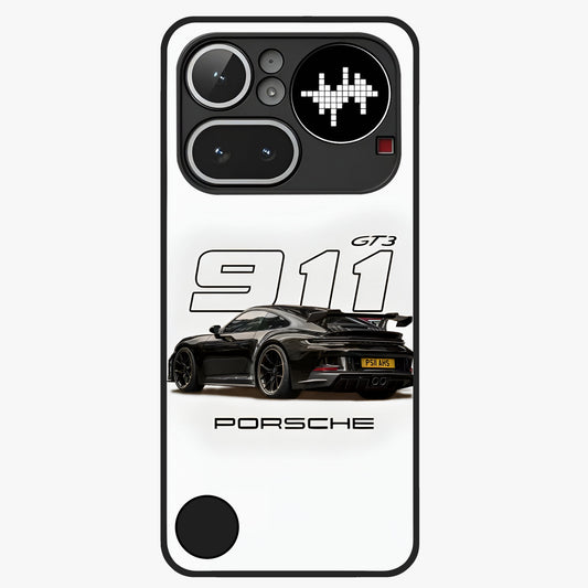 Turbo Legacy Icon Glass Case showing flat back view with iconic sports car inspired artwork and glossy glass finish.