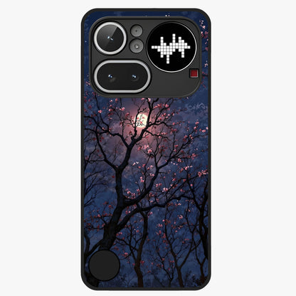 Twilight Sakura Serenade Glass Case showing flat back view with cherry blossom artwork at twilight and glossy glass finish.