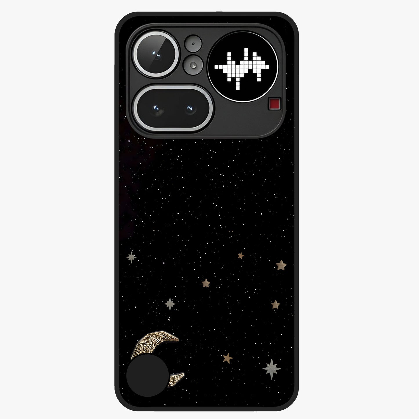 Twinkle Star With Half Moon Glass Case showing flat back view with star and half moon artwork and glossy glass finish.