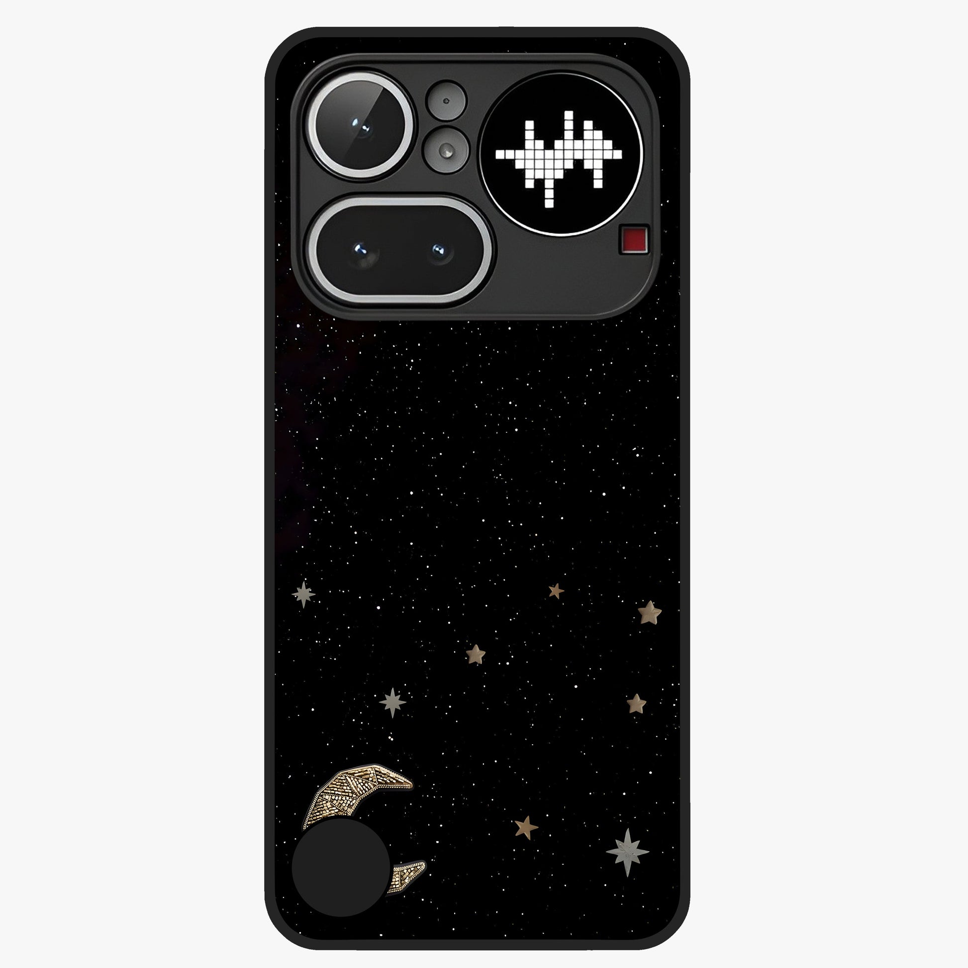 Twinkle Star With Half Moon Glass Case showing flat back view with star and half moon artwork and glossy glass finish.