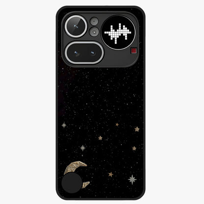 Twinkle Star With Half Moon Glass Case showing flat back view with star and half moon artwork and glossy glass finish.