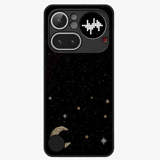 Twinkle Star With Half Moon Glass Case showing flat back view with star and half moon artwork and glossy glass finish.