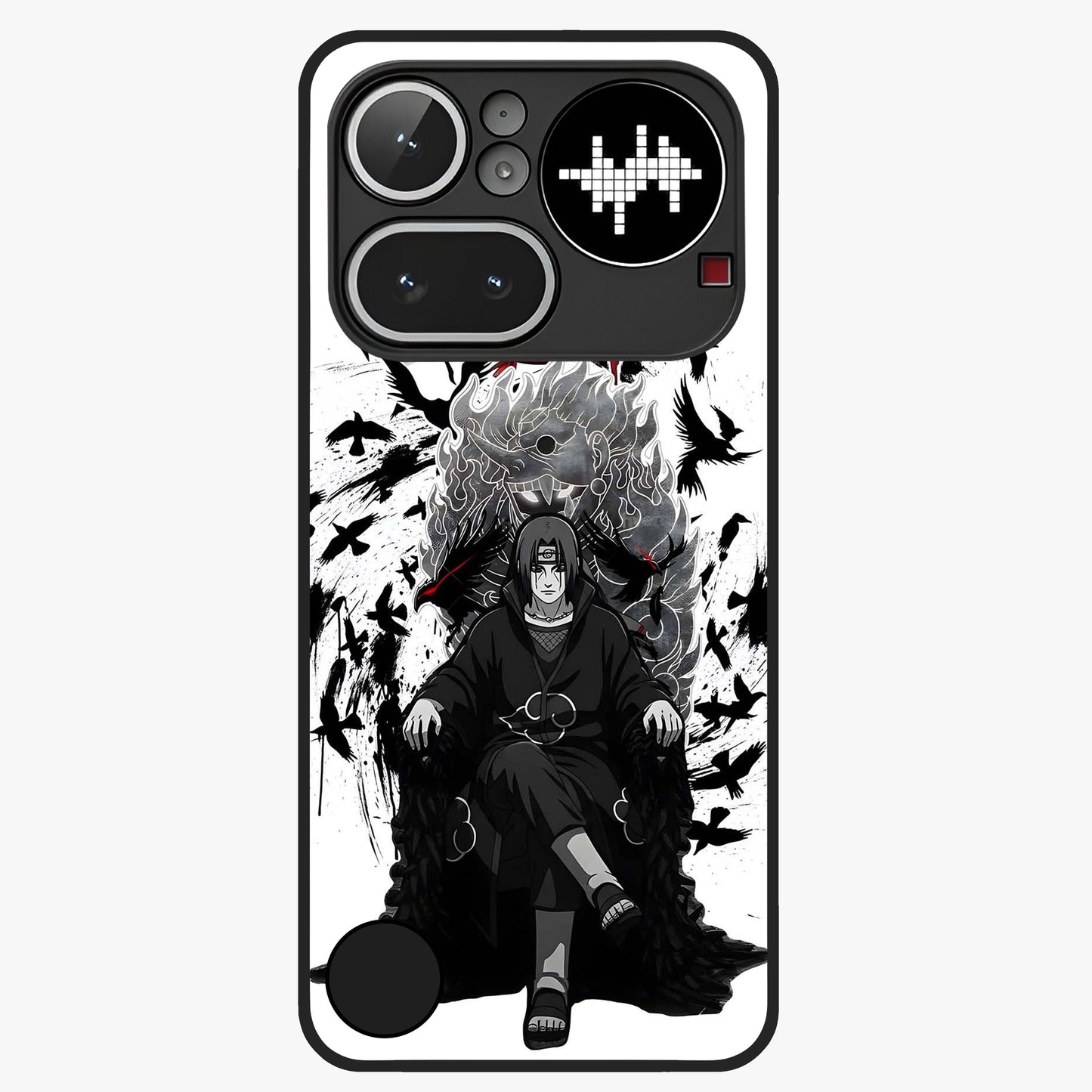 Uchiha Shadow Throne Glass Case showing flat back view with cosmic underwater themed artwork and glossy glass finish.