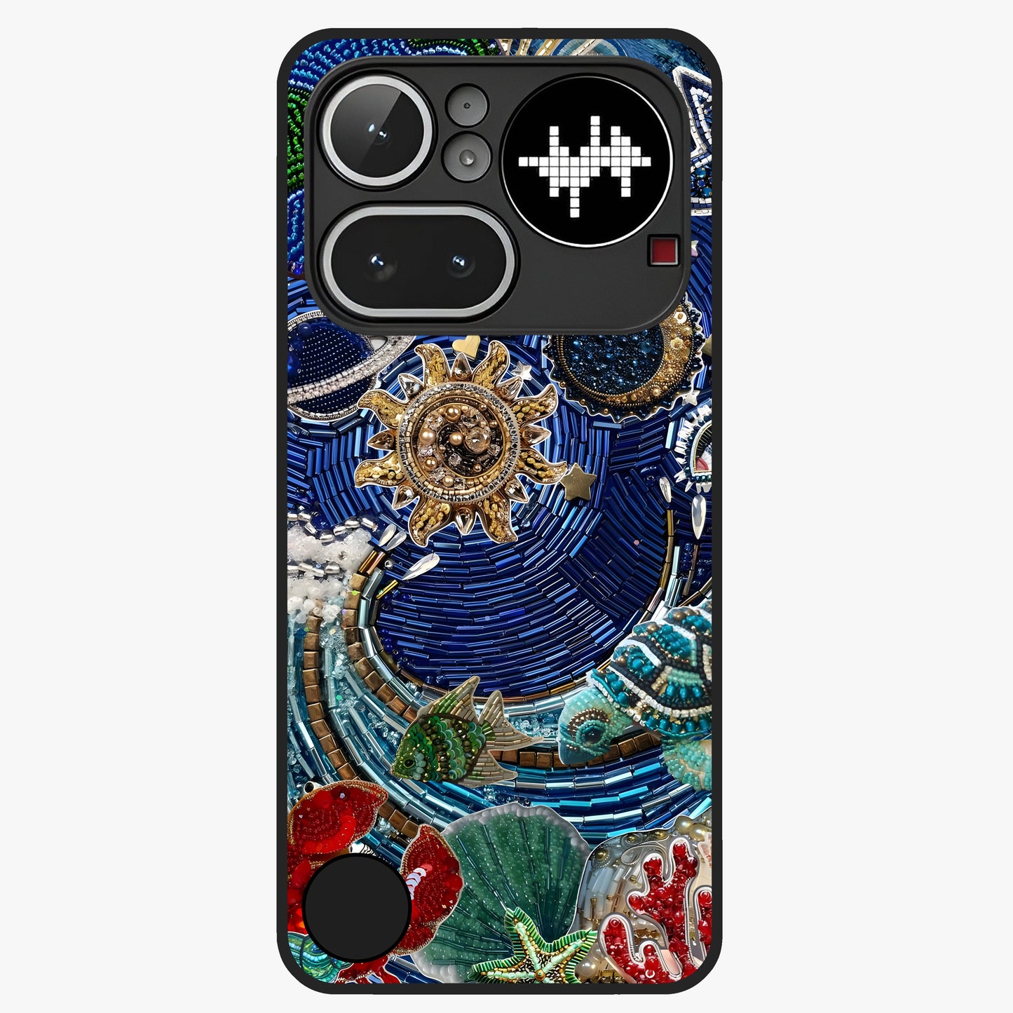 Universe Underwater Spark Glass Case showing flat back view with cosmic underwater themed artwork and glossy glass finish.