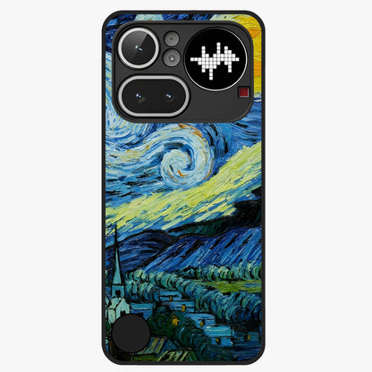 Van Gogh Art Glass Case showing flat back view with classic painterly artwork inspired by Van Gogh style and glossy glass finish.