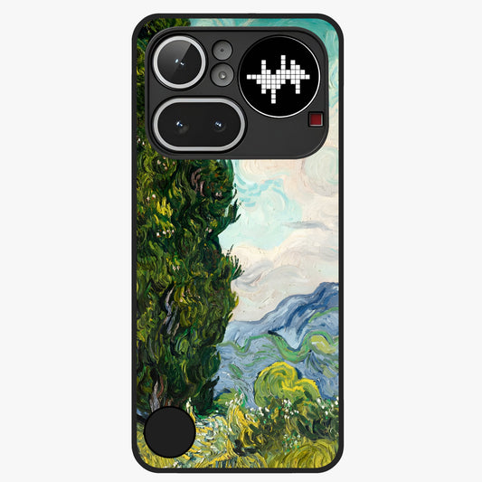 Van Gogh Vintage Art Glass Case showing flat back view with vintage painterly artwork inspired by Van Gogh style and glossy glass finish.