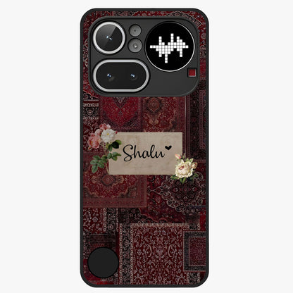 Velvet Wine Pattern Custom Name Glass Case showing flat back view with elegant wine colored pattern artwork and personalized name design.