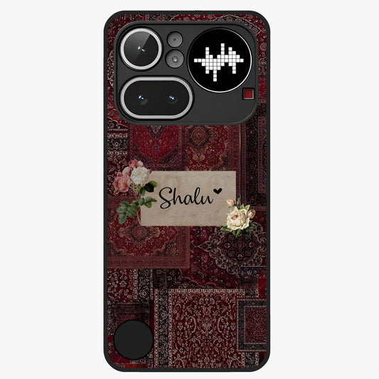Velvet Wine Pattern Custom Name Glass Case showing flat back view with elegant wine colored pattern artwork and personalized name design.