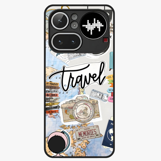 Wanderlust Journal Glass Case showing flat back view with travel inspired artwork and glossy glass finish.