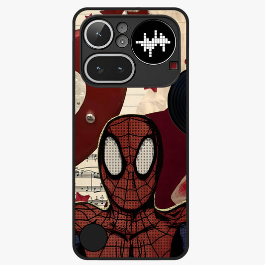 Web Warrior Vibes Glass Case showing flat back view with superhero inspired web themed artwork and glossy glass finish.