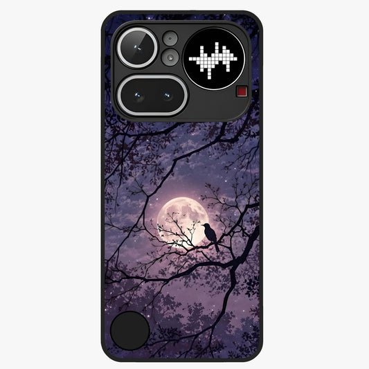 Whispering Moon Silence Glass Case showing flat back view with serene moon themed artwork and glossy glass finish.