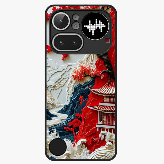 Whispers Of Sakura Waves Glass Case showing flat back view with cherry blossom wave artwork and glossy glass finish.