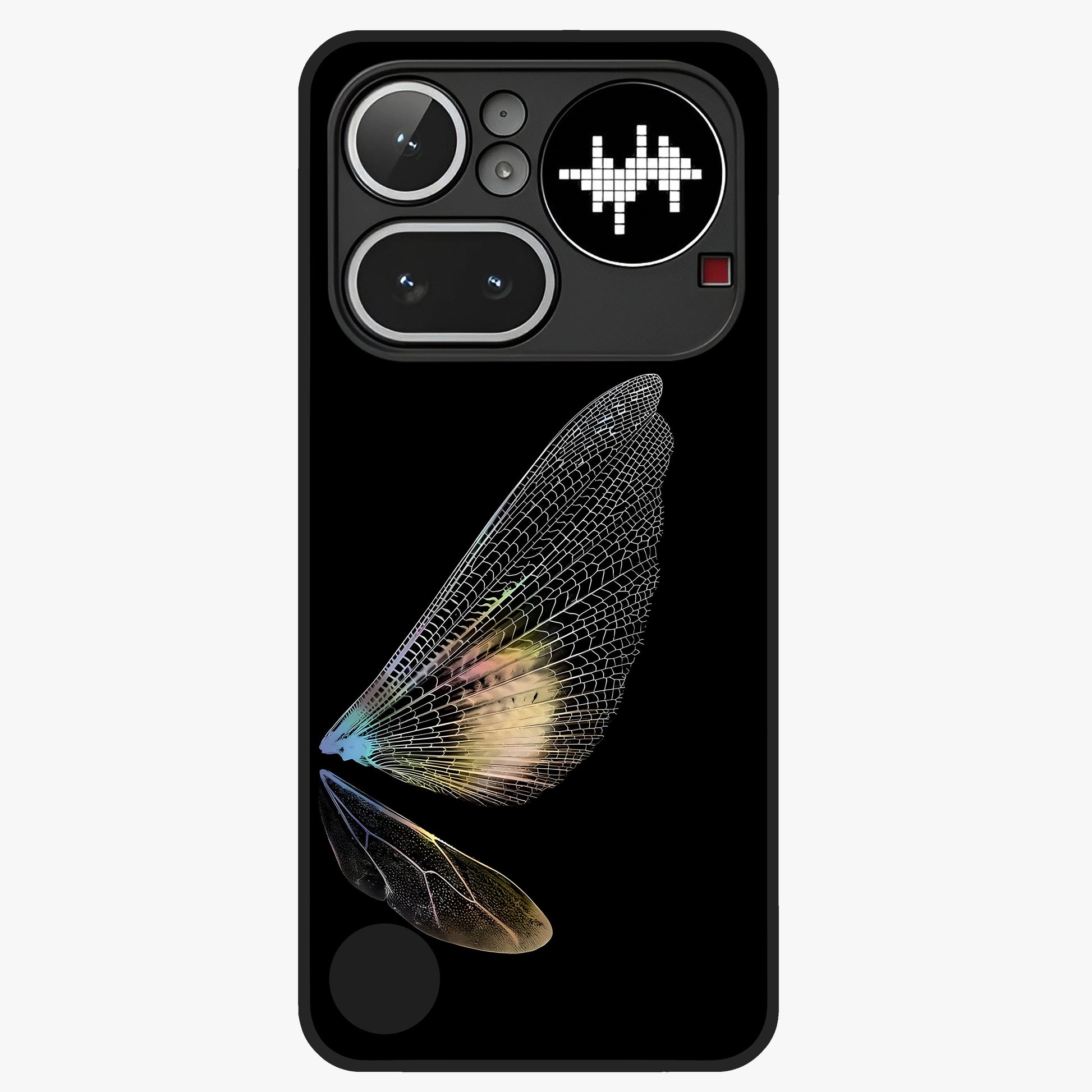 Whispers Of Wings Glass Case showing flat back view with graceful wing inspired artwork and glossy glass finish.