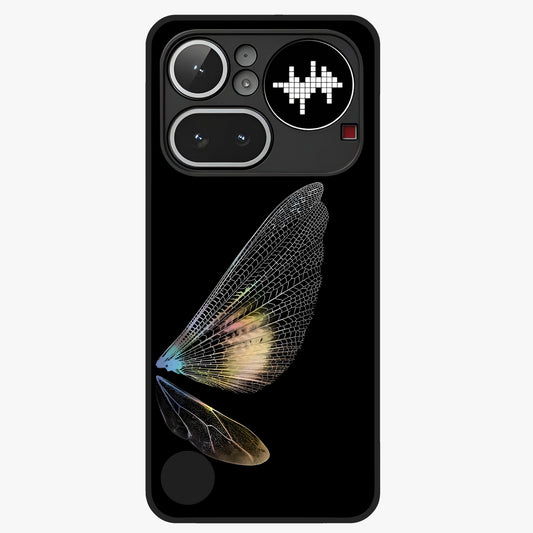 Whispers Of Wings Glass Case showing flat back view with graceful wing inspired artwork and glossy glass finish.