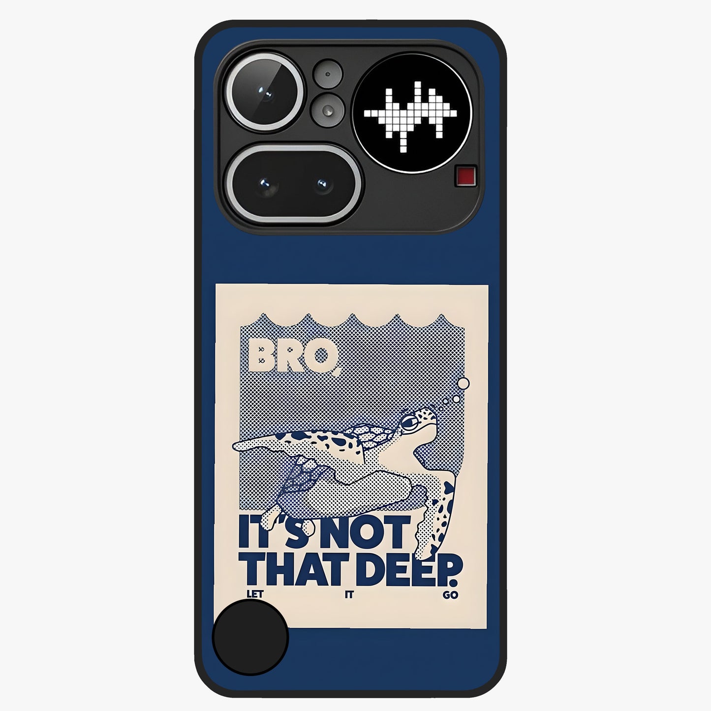Worry Less Swim Glass Case showing flat back view with playful motivational artwork and glossy glass finish.