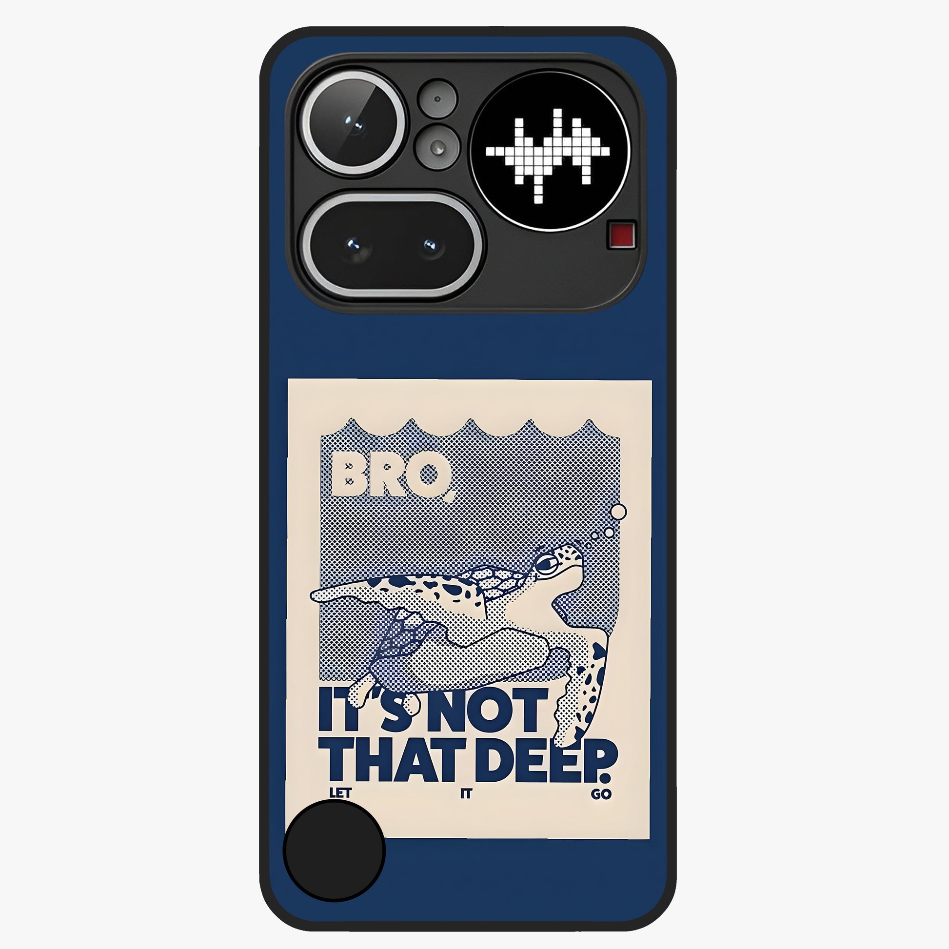 Worry Less Swim Glass Case showing flat back view with playful motivational artwork and glossy glass finish.