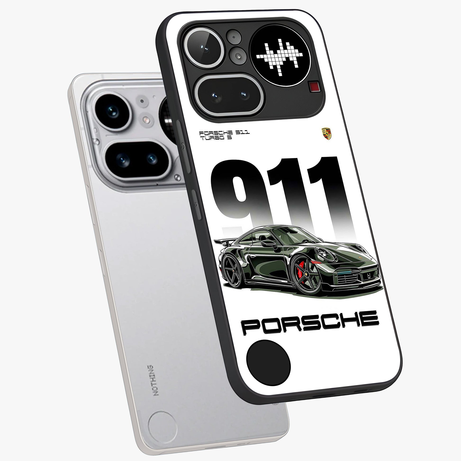911 Turbo Dominance Glass Case displayed in premium angled mockup highlighting sporty car illustration and sleek glass surface.