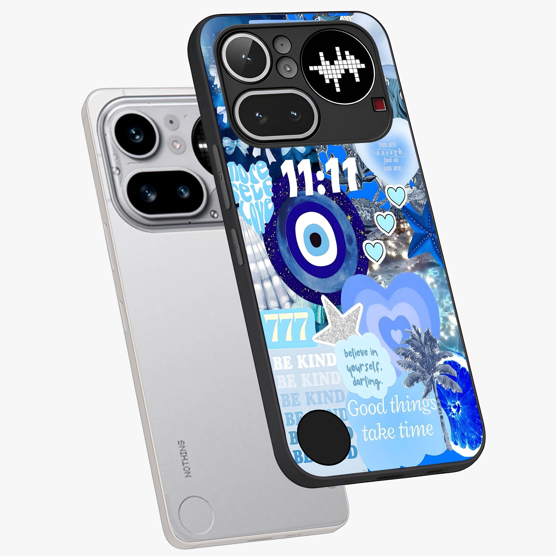 Aesthetic Be Kind Eye Glass Case displayed in angled mockup highlighting aesthetic eye design and inspirational vibe.